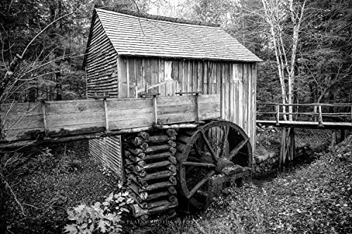 Country Photography Print crno-bijela slika John Cable Mill-a u Cades Coveu u Great Smoky Mountains Tennessee
