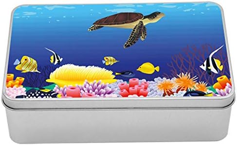 AMBESONNE OCEAN TIN kutija, modernog crtanog morskog morskog mornaričke mornaričke ribe kornjače mahovinski umjetnički ispis, prijenosni pravokutni metalni organizator s poklopcem, 7.2 x 4,7 x 2.2 , višebojni