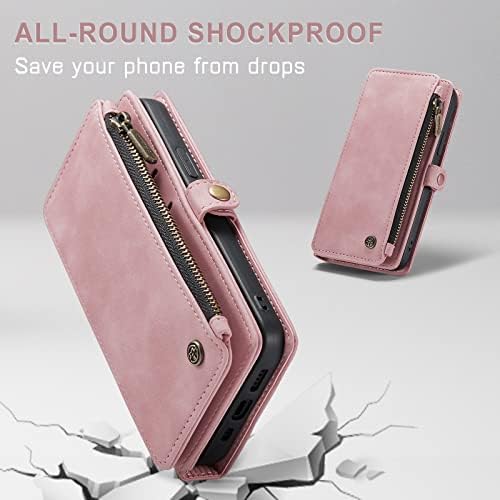 Odbrana za iPhone 13 Case, iPhone 13 case Wallet za žene muškarce, izdržljiva PU kožna magnetna Flip traka za narukvicu Zipper držač kartice novčanik torbica za telefon za iPhone 13 [6.1 inch], Rose Pink