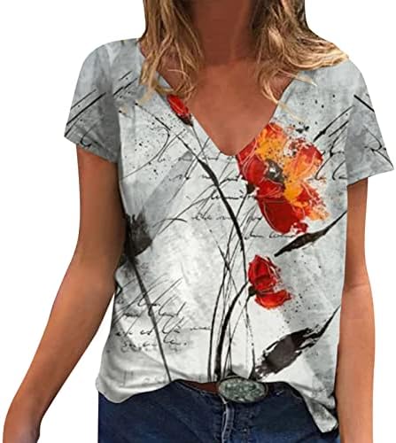 MIASHUI Slim Fit dame V izrez cvjetni Akvarelni Print Top ljetni modni kratki rukav labava majica gornji