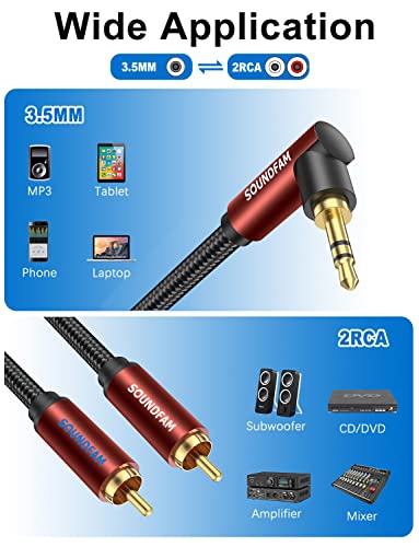 SoundFam 3,5 mm aux do RCA kabela 6ft, desni ugao od 90 stupnjeva 3,5 mm TRS muški do 2rca muški y razdjelni kabel 24K zlatni oblaganje Dvostruko zaštiće za pametne telefone, zvučnik, mp3, tablet i još mnogo toga
