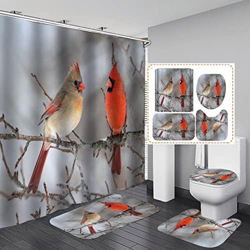Olebety 4pcs / Set Cardinal tuš za zavjese, žute i crvene ptice na drveću Brand Božićno kupatilo Dekor,