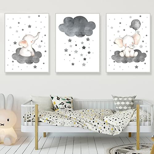 Elephant Nursery Decor Wall Art Star Nursery Prints Baby Elephant Nursery Pictures Star Cloud Wall Art Baby