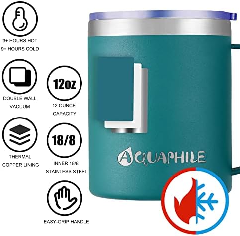 Aquaphile 12oz izolirana šalica od nehrđajućeg čelika s ručkom, dvostruka zidna vakuumska putnička čaša sa poklopcem, termički šalica za višekratnu upotrebu, prenosivi tumbler za kavu, za vruće i hladne napitke