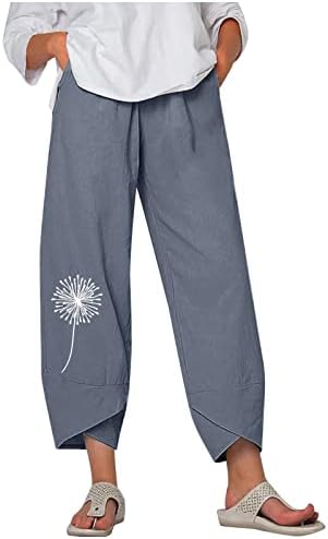 Wybaxz 2023 moda palazzo hlače s džepovima Capri hlače za žene Print pamučne posteljine hlače široka noga