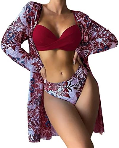 LCEPCY ženska modna trodijelna kupaći kostim push up cvjetni tiskani bikini setovi lagana mreža na rubu
