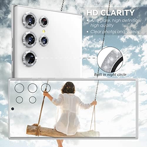 CloudValley [3+2 Zaštita sočiva kamere za Samsung Galaxy S22 Ultra, anti Scratch HD kaljeno staklo zaštitni filmski prsten, Glitter Silver