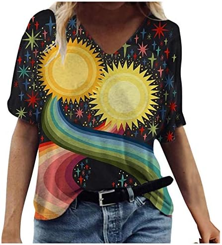 Ženska ljetna modna majica šarena slika životinjski cvjetni grafički vrhovi V izrez kratke bluze za rukave