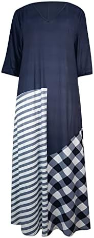 Žene ljetne boje blokadi midi haljina pola rukava V izrez Stripe Gingham Print Classic Shift haljina