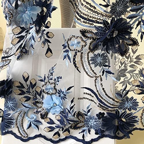 Plava i tamnoplava 3d cvjetna čipkasta tkanina od dvorišta sa šljokicama čipkasti mrežasti til za rođendansku