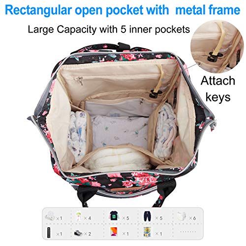 QWREOIA cvjetna torba za pelene ruksak sa USB portom za punjenje trake za kolica i izolirani džep, putna