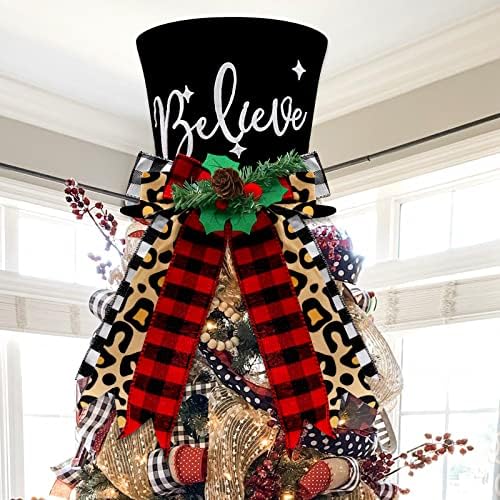 Buffalo Plaid Christmas TOPPER TOP HAT sa ručno rađenim leopardom crnim i crvenim ček lukovima Xmas Vjerujte