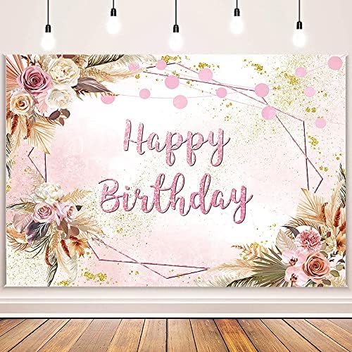 AIBIIN 7x5ft Boho Happy Birthday Backdrop za žene Rose Gold Bohemian Pampas Grass Boho Photo Background Pink Floral Boho Birthday Party Decorations Banner for Cake Table Supplies
