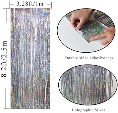 Muhome holografska srebrna folija rubna zavjesa, 4kom 3.28 FT x 8.2 FT šljokice za vrata & 1 traka za maskiranje