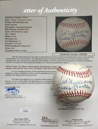 500 domaći Run Club potpisao Al Ball, Mickey Mantle, Ted Williams, 12 Sig, JSA Loa - autogramirani bejzbol