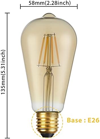 fabuled dimabilne ST19 filament LED Sijalice,Jantarno staklo Vintage sijalica, E26 baza, 8watts ekvivalent 60Watts, toplo Bijela 2300k, 6-Pack