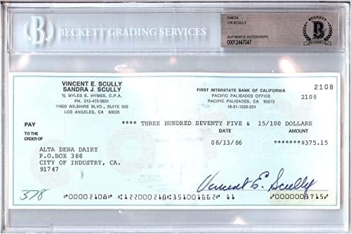 Vin Scully potpisao je autogramirani lični ček LA Dodgers 2108 1986 BGS ploča - bejzbol ploče sa autogramiranim
