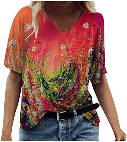 Modna štampana majica za žene preko šarenih bluza cvjetnog uzorka ljetni V izrez kratki rukavi
