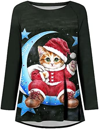 Ženska tunika vrhova božićna slatka mačka grafički casual labav dugi rukav okrugli pulover pulover, majica