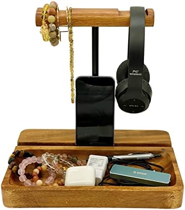 Wrightmart drveni stalak za slušalice, univerzalni držač za dvostruke slušalice, vješalica za desktop slušalice, Slot za Tablet za mobilni telefon, dekor za zauzet kancelarijski radni prostor, veliki ulov za sve bazne ležišta Bagremovo Drvo