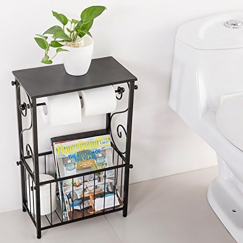 MyGift crni metal kupaonica stol za stol za skladištenje sa dvostrukim toaletnim držačem papira, magazin