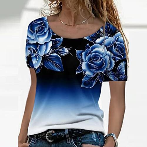 Bluze Dame kratki rukav 2023 Brod vrat gradijentna ruža cvjetna grafika labavi lounge top tine za teen djevojke