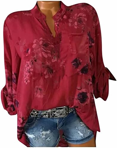 Ženska Boho košulja Casual cvjetni Print polu dugme V vrat Henley košulja Dugi rukav majica bluze elegantan
