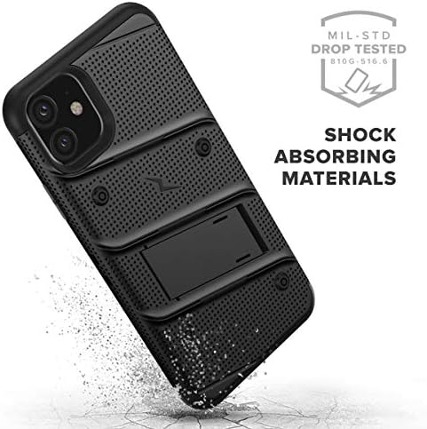 Zizo Bolt serija iPhone 11 futrola - teška zaštita od pada vojne klase W / Kickstand uključen kaiš za kaiš kaljeno staklo, crno - crno