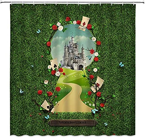 YSSFAV Magic Forest Tuš za zavjese Fantasy Castle Crvena ruža Vintage Cvjetni vrt Leptir Kupatilo Dekor