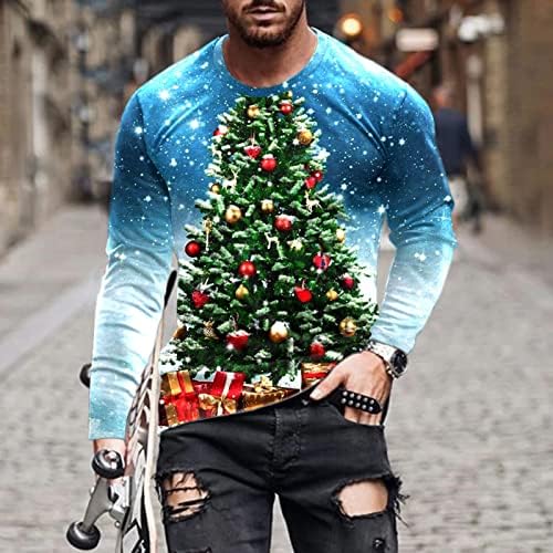 Sinzelimin Muškarci Dugi rukavi Majica Moda Xmas 3D Realistic Ispis Majica Okrugli vrat Božićni pulover