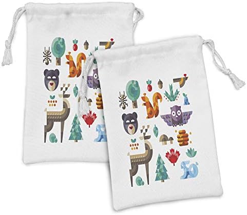 Ambesonne Bunny tkanina torbica Set od 2, Vesela Poli Art stil životinje Owl Bear Bunny Apple Dear dizajn,