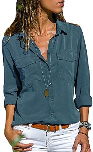 ANDONGNYWELL Ženska ležerna majica dugih rukava Džepna košulja Nosite ljetnu multibolorsku bluzu
